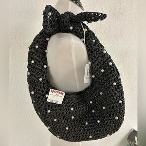 NWT Haute Hippie Black Straw Pearl Beaded Hand Bag